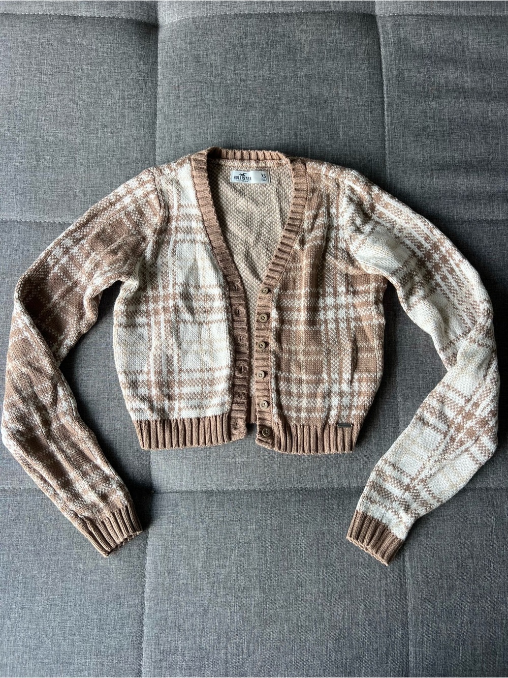 Hollister Cropped Plaid Cardigan in Taupe and Cream